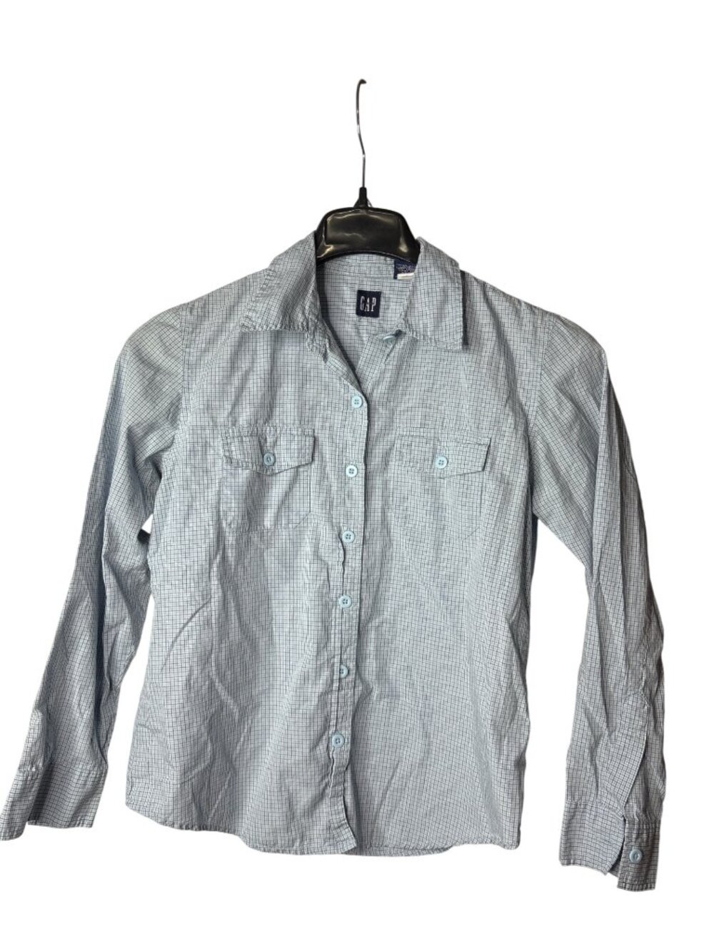 Vintage Y2K GAP Womens Button Front Top Size XS Blue Plaid 2 Pockets Cotton